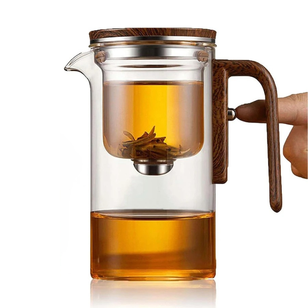 Borosilicate glass teapot with a wooden handle and one-touch infuser