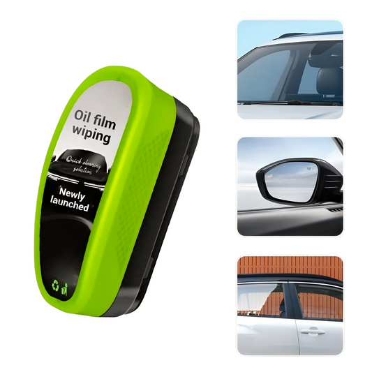 Oil film remover pad cleaning a car windscreen