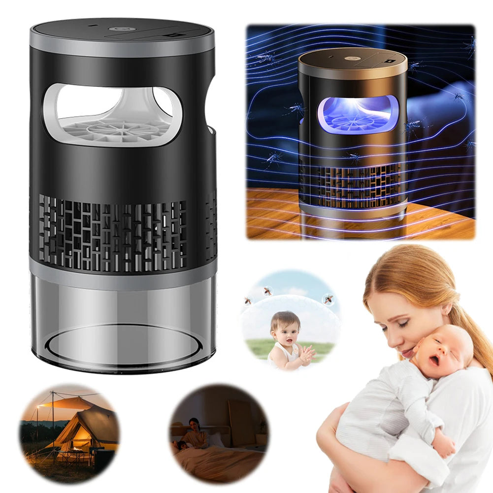 Suction mosquito killer lamp glowing purple on a bedside table