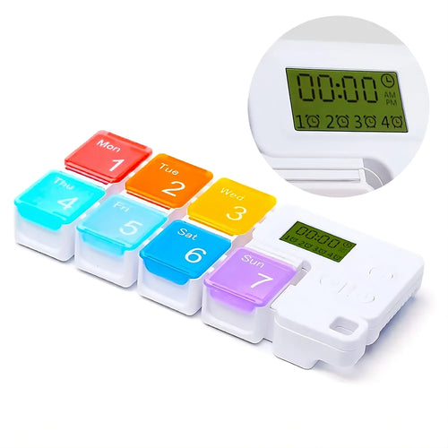 Weekly pill organiser box with built-in dose alarm