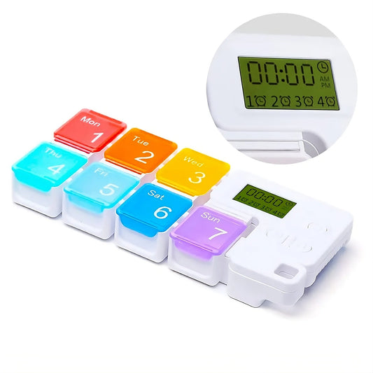 Weekly pill organiser box with built-in dose alarm