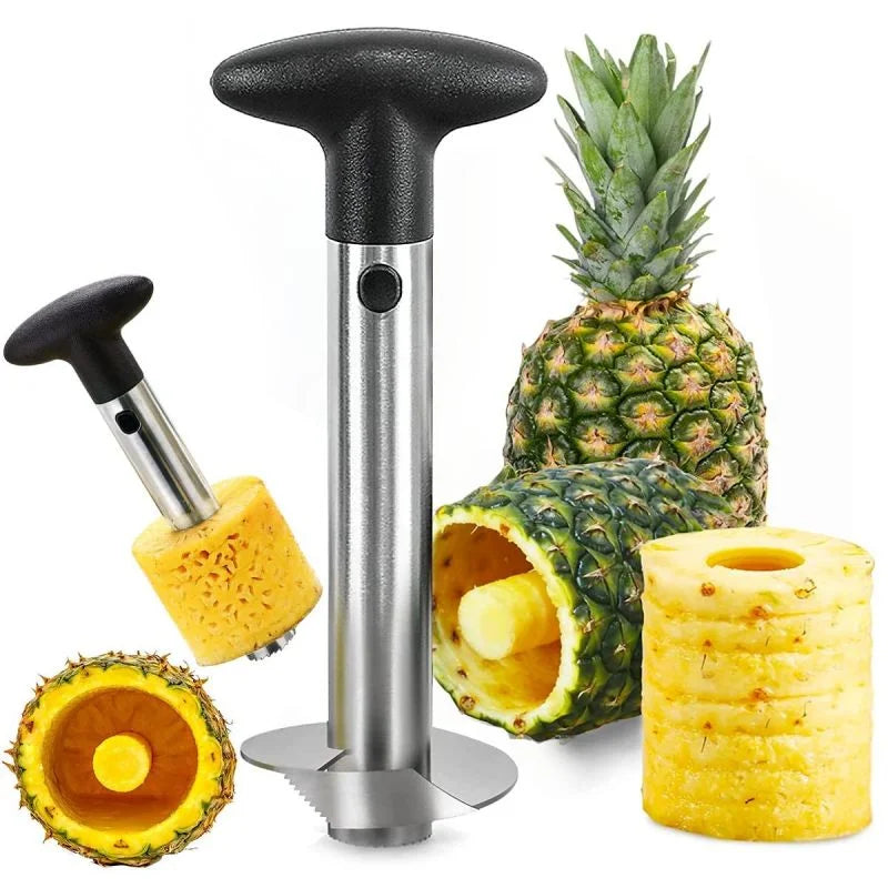 Pineapple cutter corer lifting rings from a whole pineapple