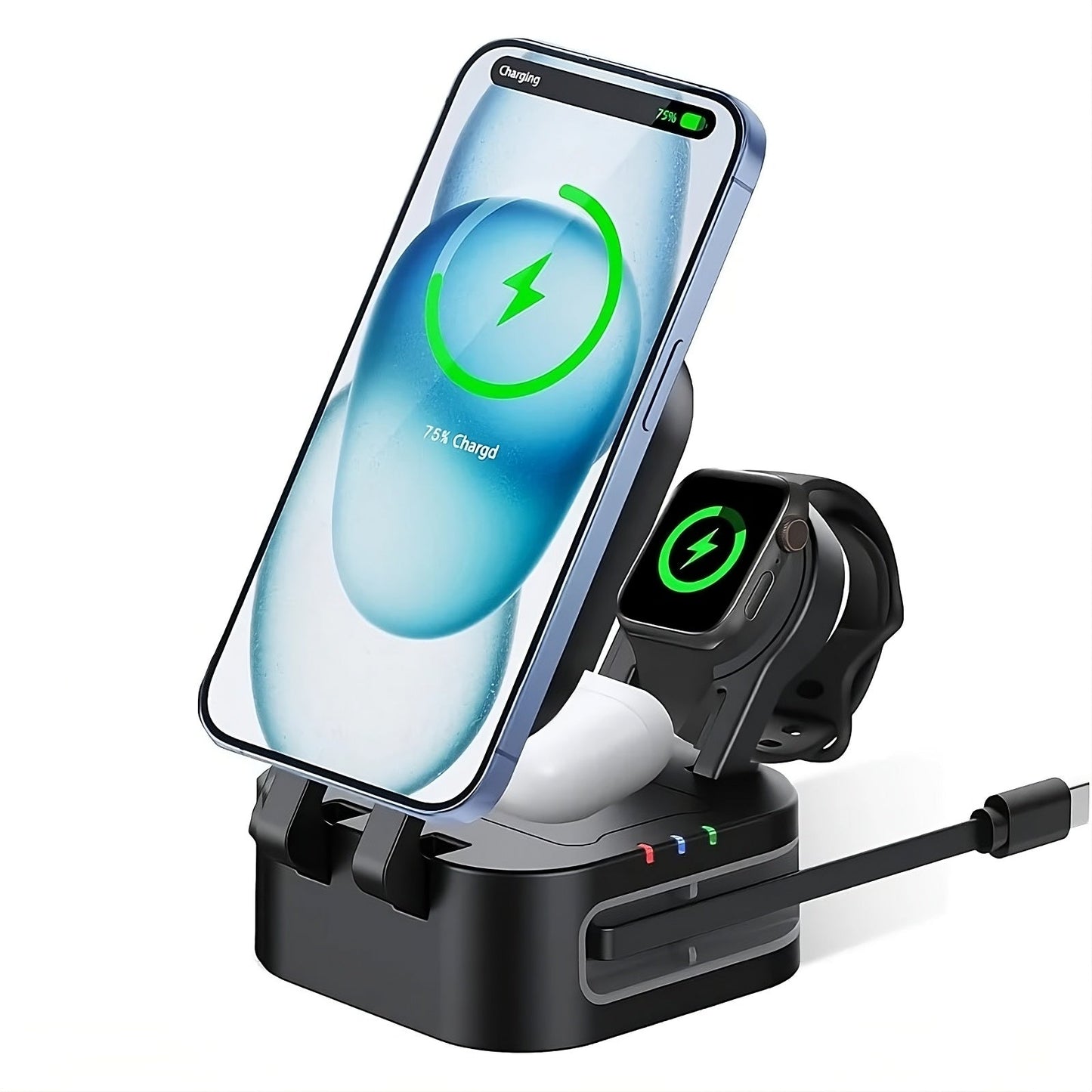 Magnetic 3-in-1 wireless charging station for phone, watch and earbuds
