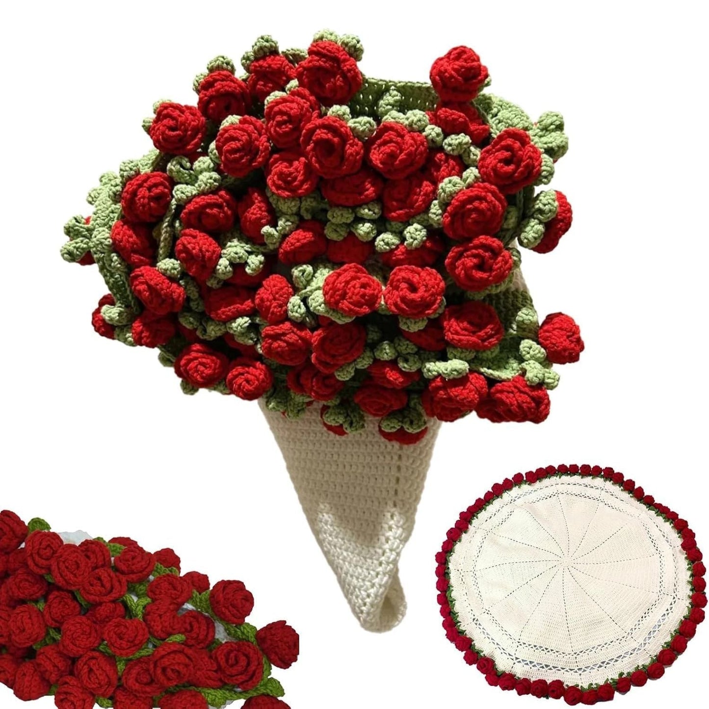Crochet blanket folded into a rose bouquet shape