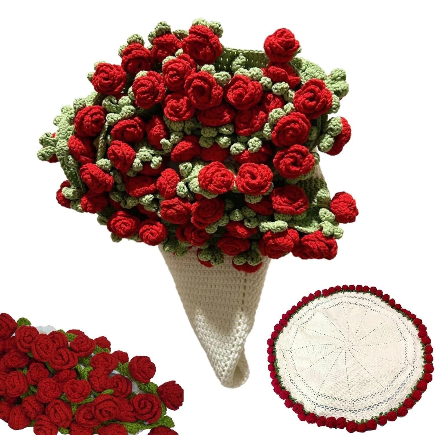 Crochet blanket folded into a rose bouquet shape