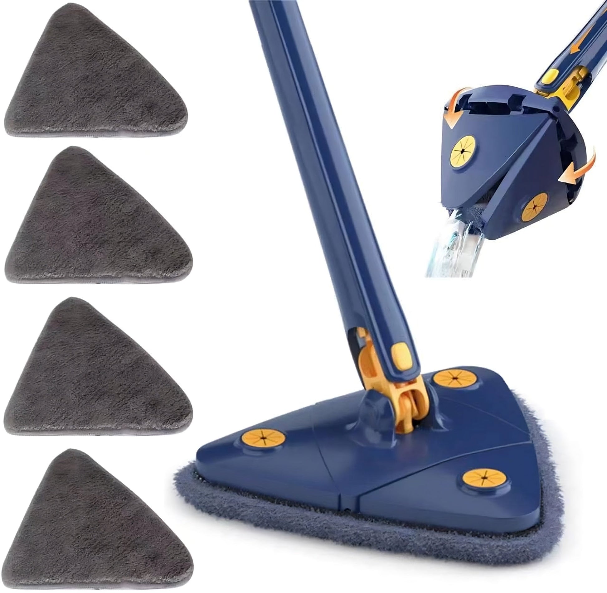 Self-squeeze triangular mop reaching a floor corner