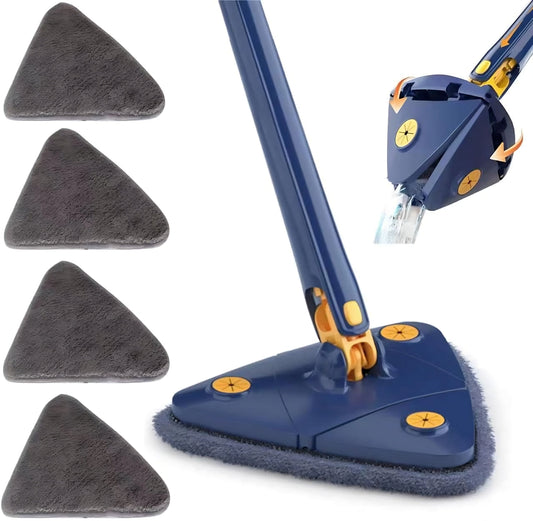 Self-squeeze triangular mop reaching a floor corner