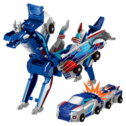 Two magnetic race cars combining into a winged dinosaur toy