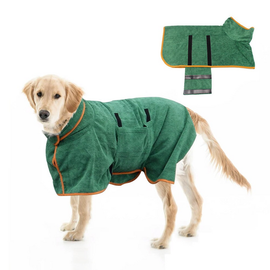 Dog wearing a fast-dry microfibre bathrobe towel