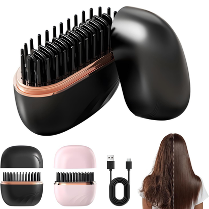 Mini cordless hair straightener brush in black