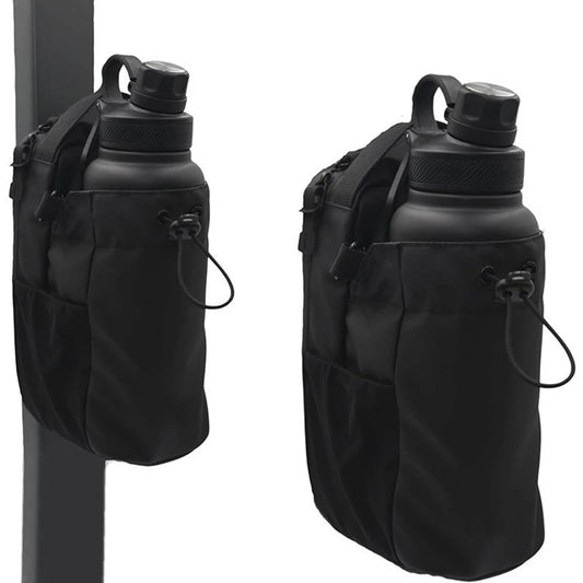 Magnetic water bottle bag attached to a gym machine frame