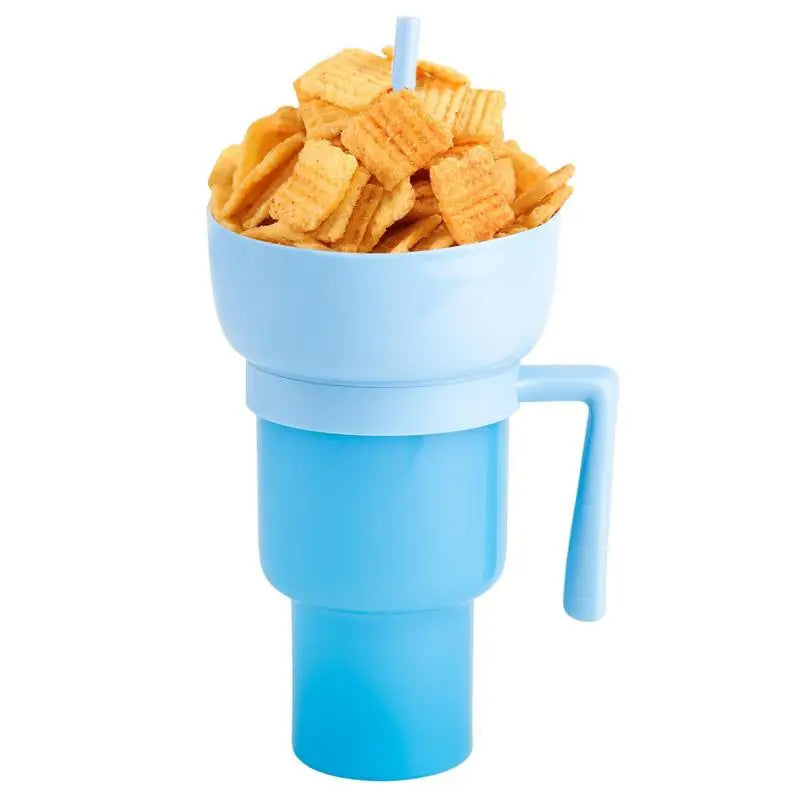 Spill-proof snack cup with drink compartment below