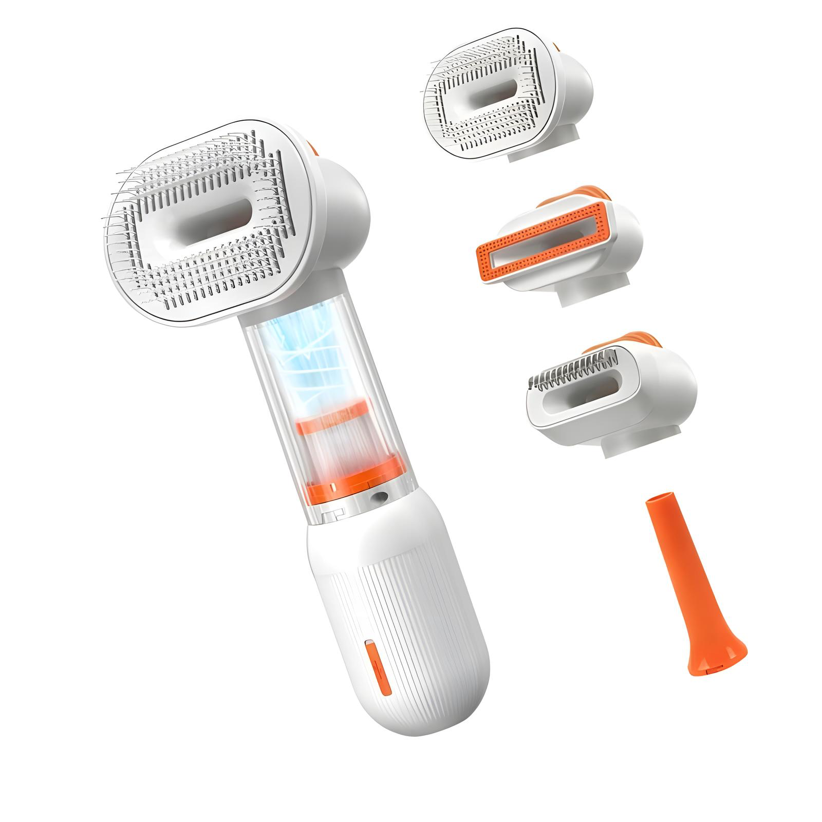 Four swappable grooming heads laid out beside the brush handle