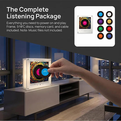 Hand tapping an NFC music magnet disc to start a track