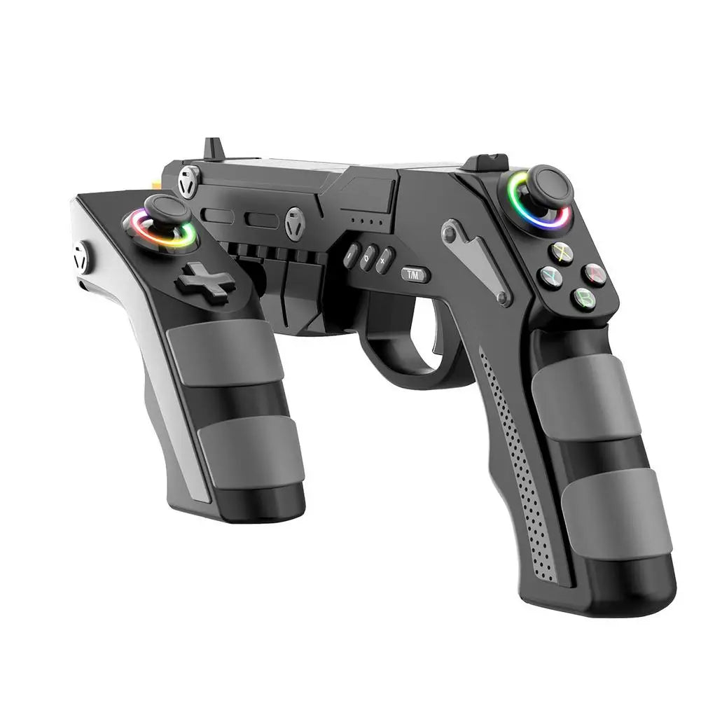 Gamer holding the mobile gun controller during an FPS match