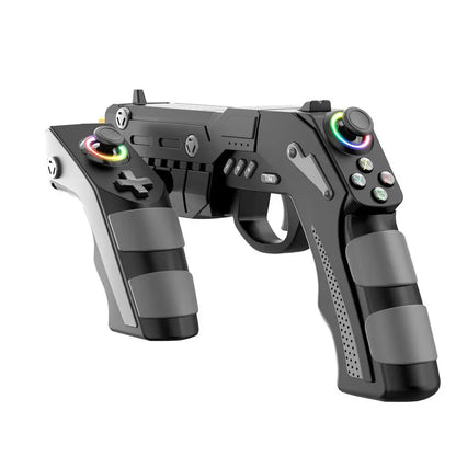 Gamer holding the mobile gun controller during an FPS match