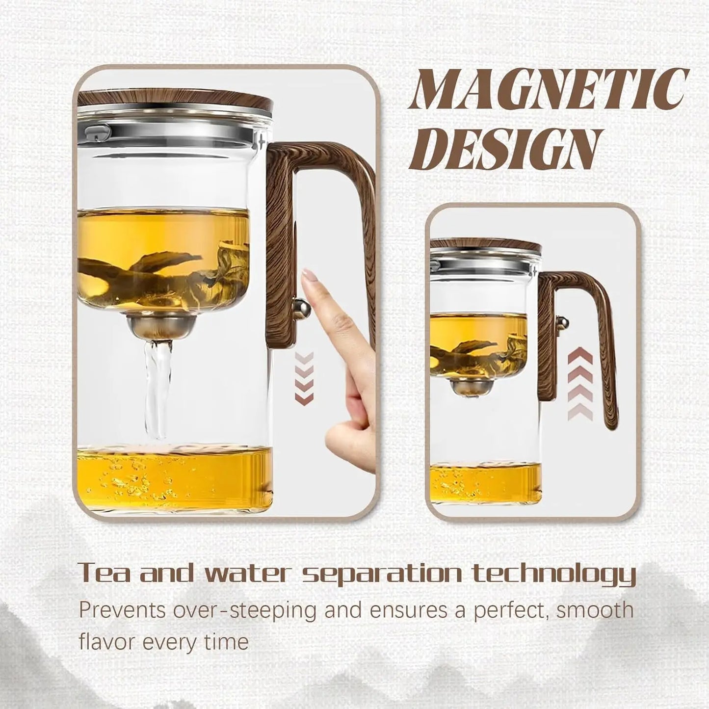 Tea leaves steeping inside the clear glass teapot