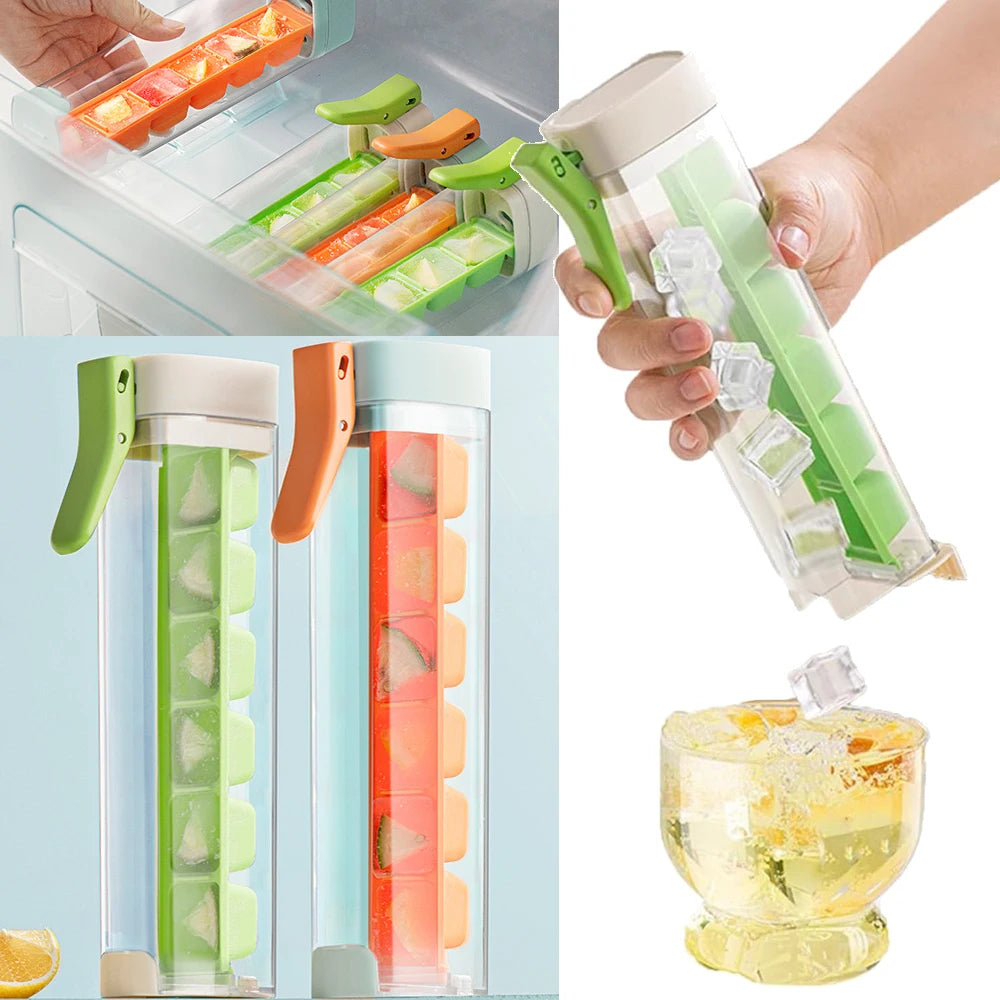 Green and orange ice cube trays side by side