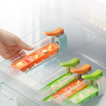 Ice cube tray stored in a freezer drawer